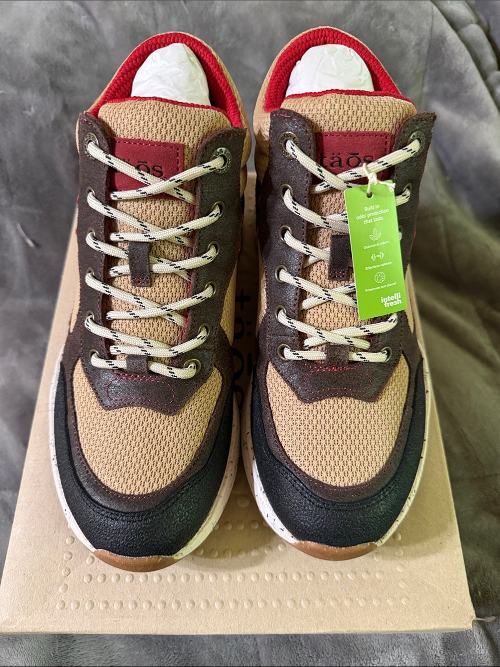 Taos Footwear Women's Tan, Brown & Black Mesh Suede Sneakers with Red Lining